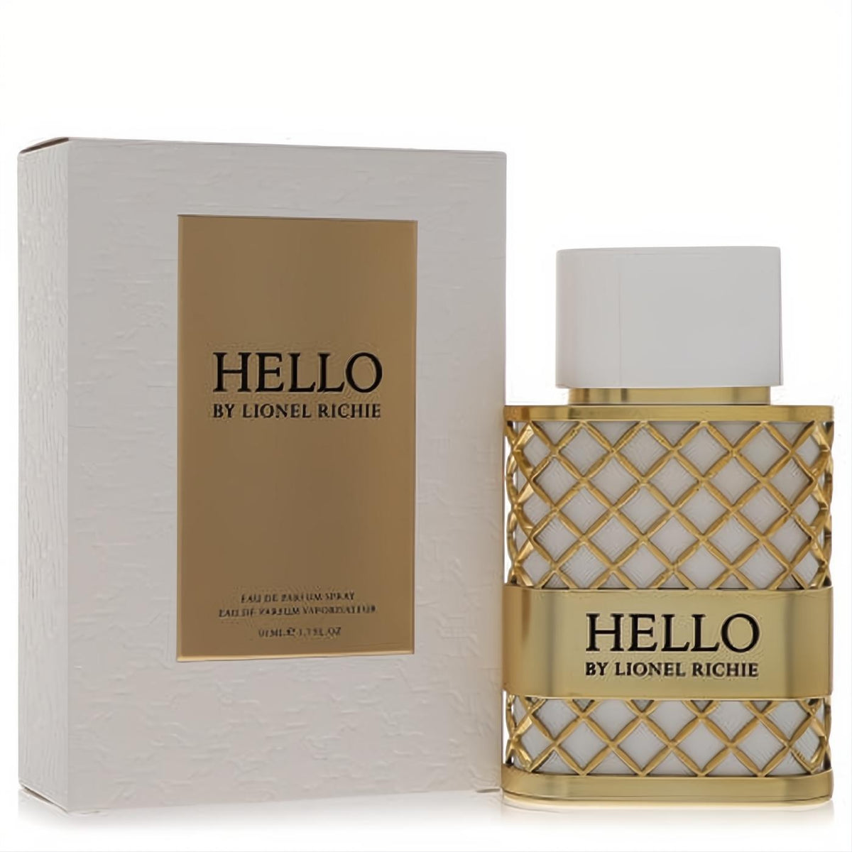 Luxurious gold Hello by Lionel Richie 1.7 oz Eau de Parfum bottle with distinctive white lattice pattern and elegant branded white box.
