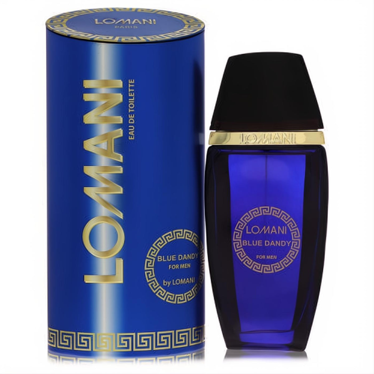Lomani Blue Dandy 3.3 oz men's EDT spray: sleek deep blue bottle with gold accents, black cap, and matching elegant box.