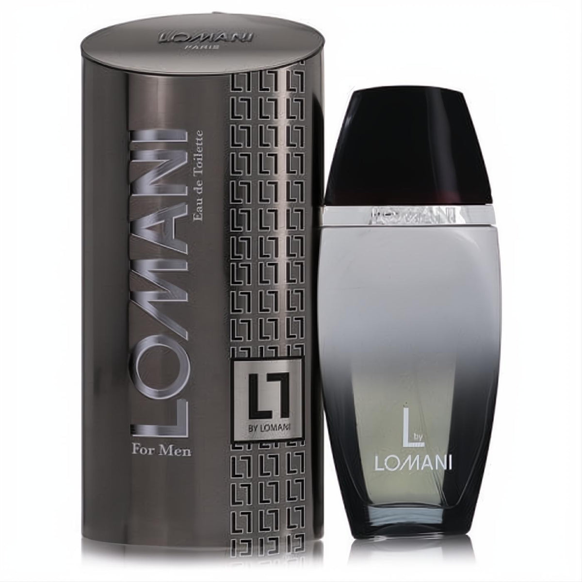 Lomani L by Lomani men's Eau de Toilette spray, 3.4 oz. Sophisticated dark grey gradient bottle with sleek metallic cylindrical packaging.