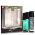 Lomani Pour Homme men's fragrance gift set: a sleek teal 3.4 oz EDT spray and a silver 6.7 oz deodorant.