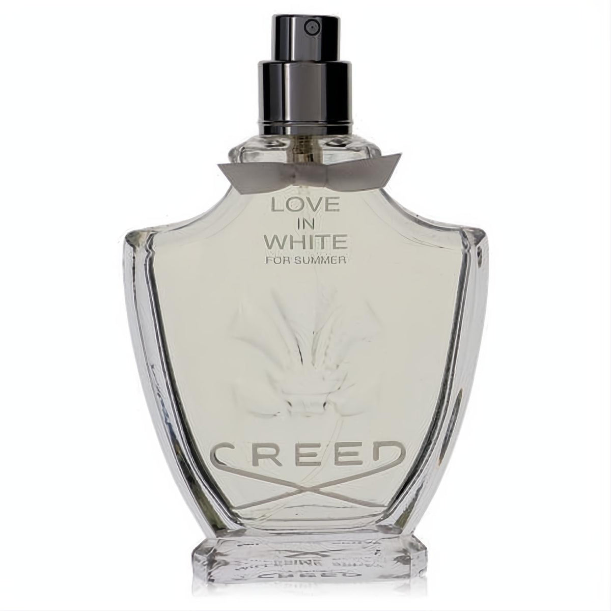 Exquisite Creed Love In White For Summer 2.5 oz women's perfume. Clear glass bottle, dark cap, elegant gray ribbon, and embossed floral design.