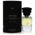Masque Milano Love Kills 1.18 oz Eau De Parfum. Black box, clear bottle with light yellow liquid, black ribbed cap, and rose skull logo.