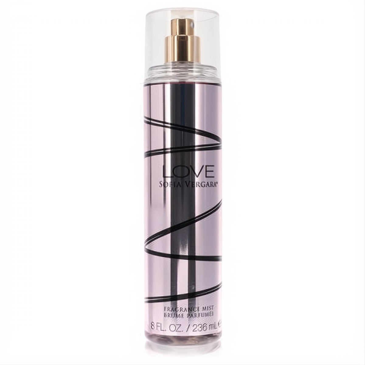 Love by Sofia Vergara 8 oz body mist. Elegant rose-pink bottle, black lines, and a luxurious gold sprayer.
