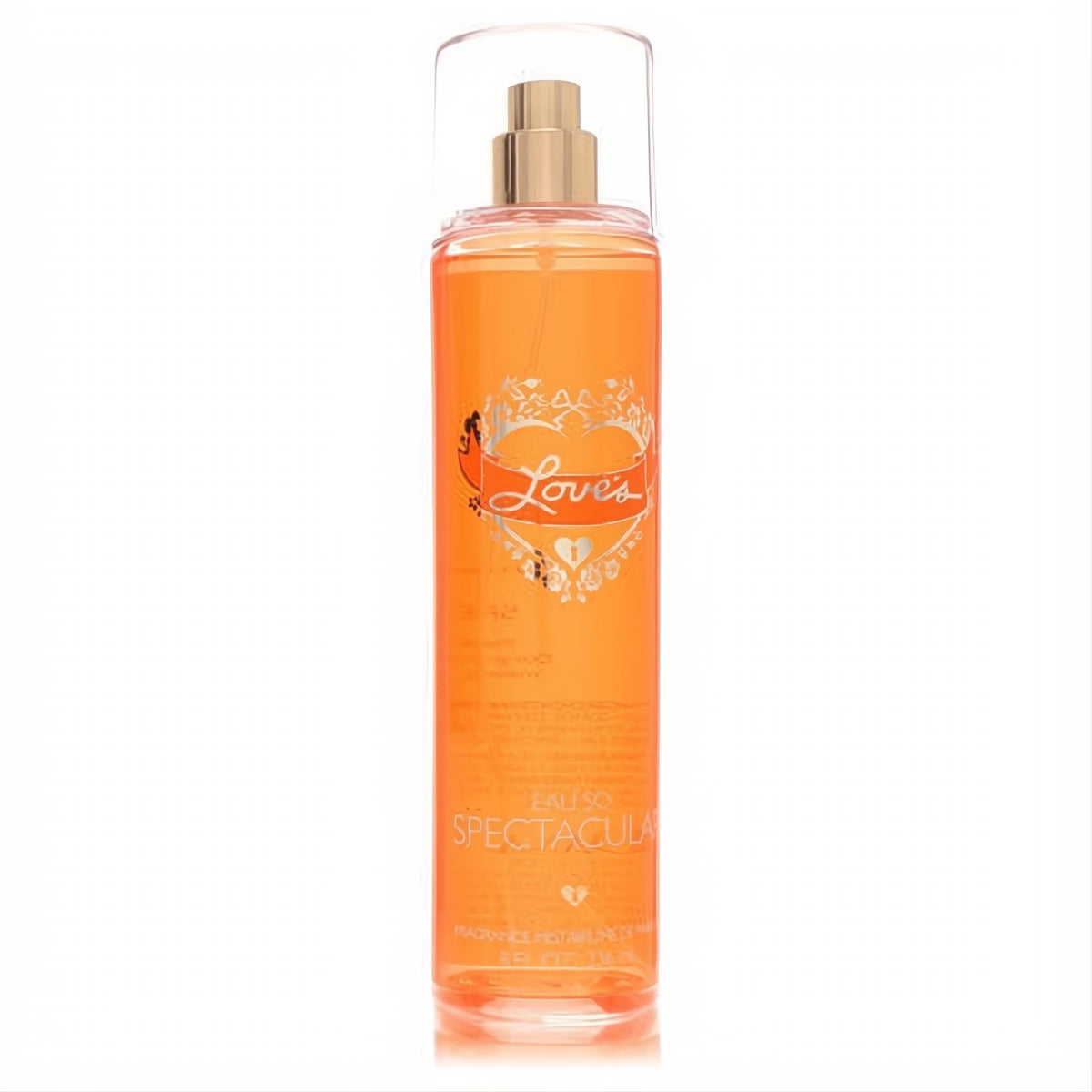 Love's Eau So Spectacular 8 oz fragrance mist: vibrant orange liquid in a clear bottle with a gold sprayer and signature heart logo.