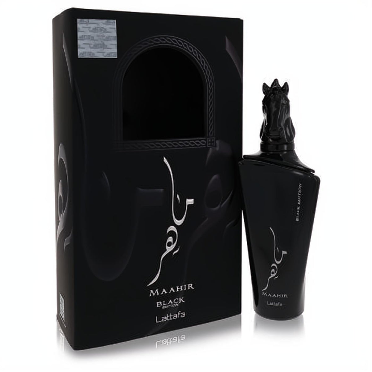 Sophisticated Maahir Black Edition Lattafa 3.4 oz unisex EDP. Sleek black bottle with unique horse-head cap and elegant matching box.