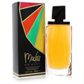 Captivating Mackie by Bob Mackie 3.4 oz EDT spray. Golden fragrance in a clear bottle with a sleek black cap, next to its vibrant geometric box.