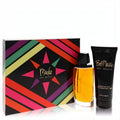 Luxurious Mackie by Bob Mackie women's gift set with a vibrant striped box, 3.4 oz amber EDT spray, and 6.8 oz black body cream.