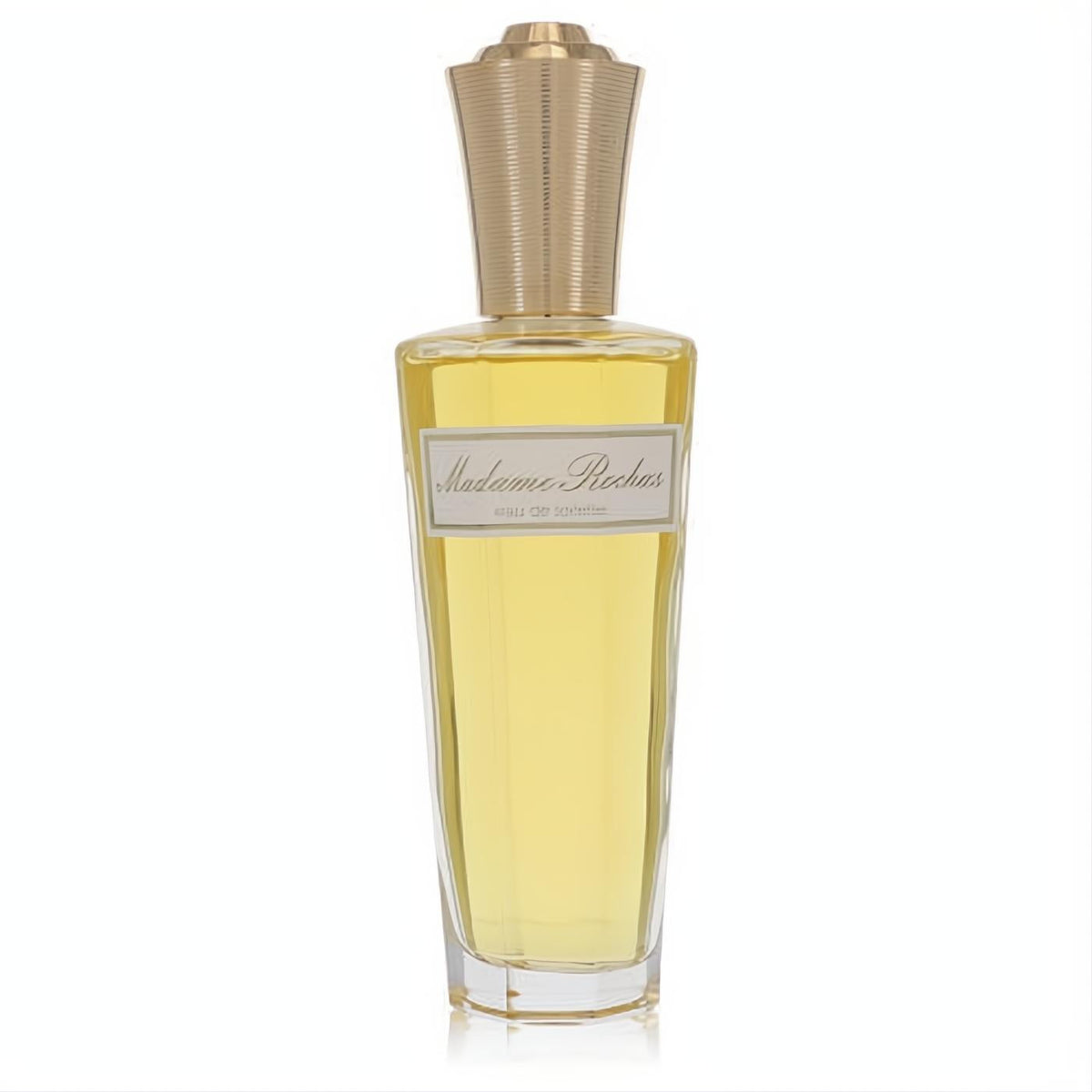 Elevate your scent with Madame Rochas 3.4 oz EDT spray. Clear glass bottle, golden liquid, and luxurious ribbed gold cap.