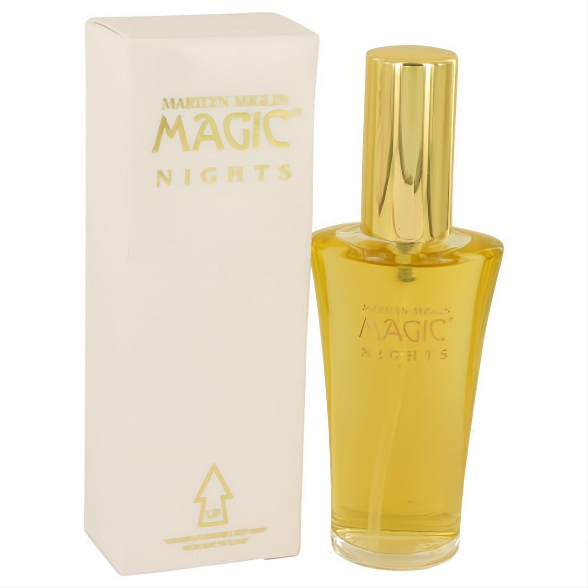 Marilyn Miglin Magic Nights women's 1.7 oz Eau De Parfum spray. Golden fragrance in an elegant clear glass bottle with a gold cap, next to its white box.