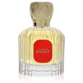 Luxurious Maison Alhambra La Rouge Baroque 3.4 oz EDP. Elegant ribbed glass bottle, ornate gold cap, and striking red label.
