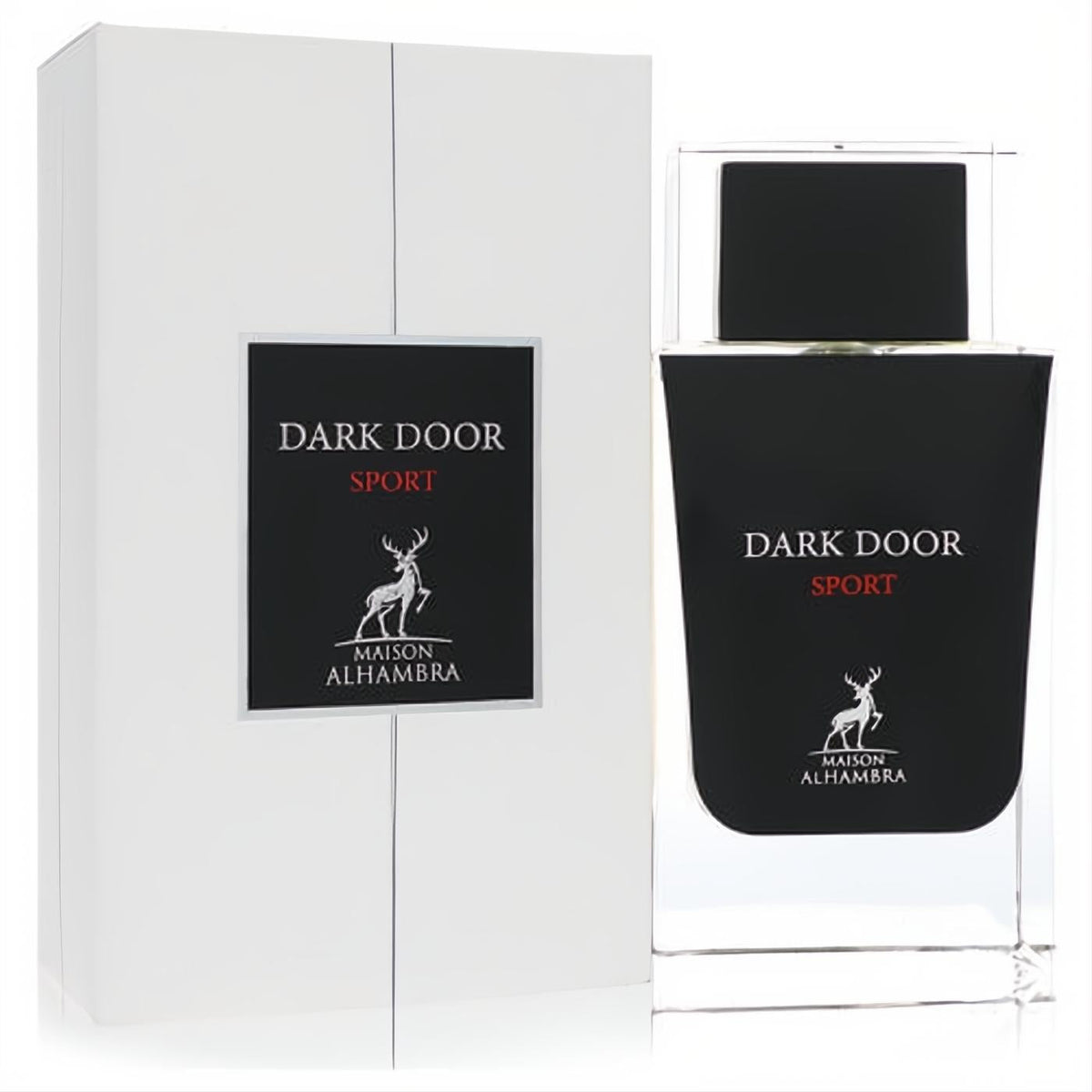Maison Alhambra Dark Door Sport unisex Eau De Parfum. Sleek black 3.4 oz bottle with clear base, elegant white box, deer logo.
