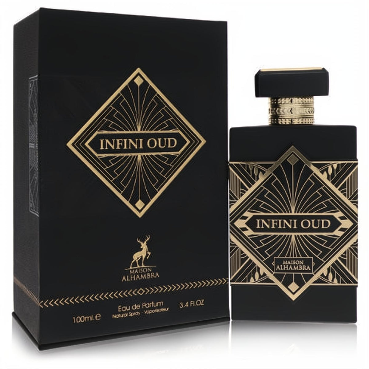 Maison Alhambra Infini Oud 3.4 oz unisex EDP. Striking black bottle and box with intricate gold Art Deco patterns.
