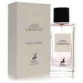 Elegant Maison Alhambra L'impressio 3.4 oz women's EDP in a clear glass bottle with black cap and sophisticated beige box.