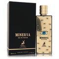 Maison Alhambra Minerva 2.7 oz EDP. Luxurious gold bottle with unique blue eye pattern, presented in a sleek black box.