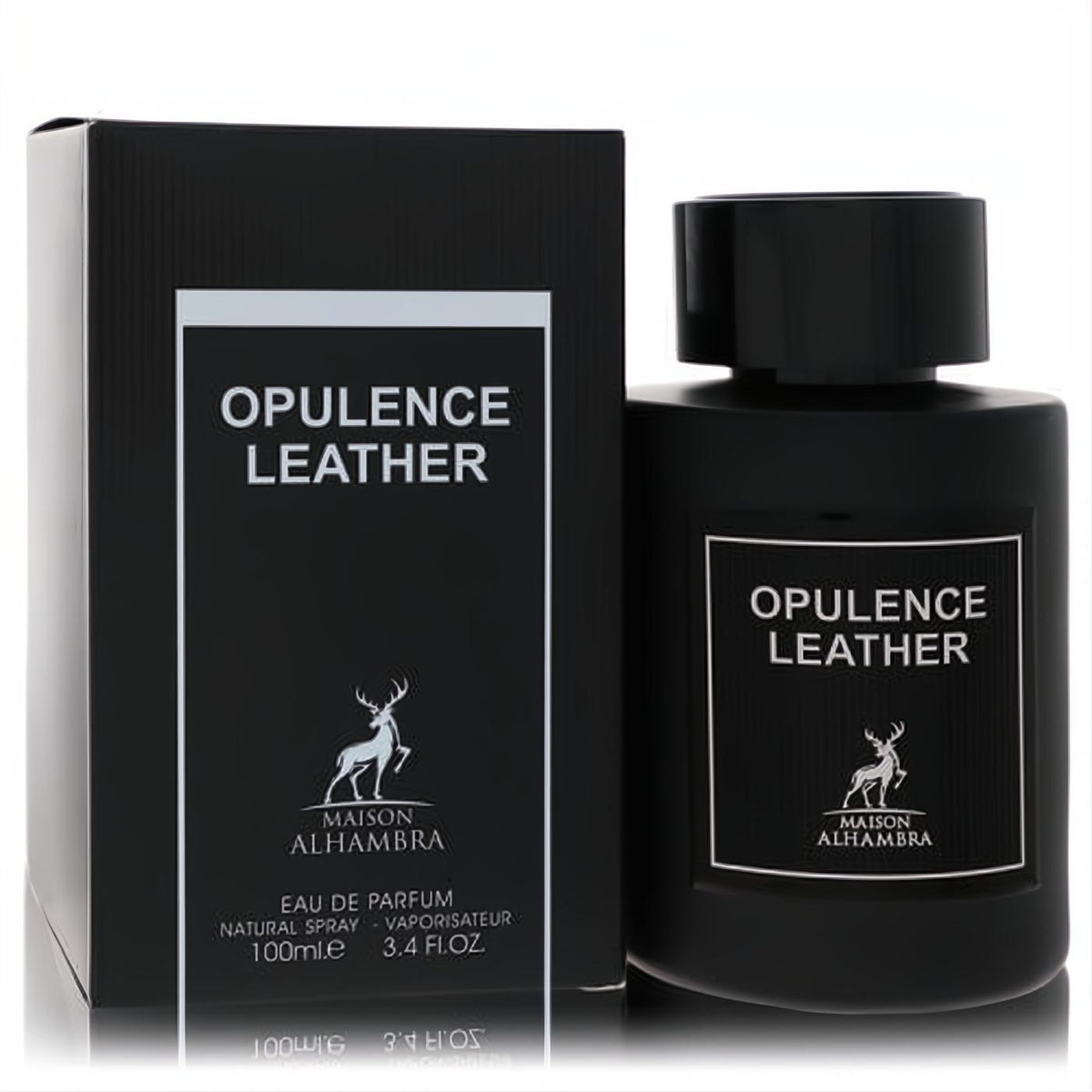 Discover Maison Alhambra Opulence Leather 3.4 oz EDP. Elegant matte black bottle and box with iconic deer logo.