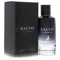Salvo 3.4 oz men's EDP. Elegant black box and clear bottle with a dark gradient and distinctive deer logo.