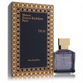 Maison Francis Kurkdjian Oud unisex EDP. Elegant dark bottle with gold cap, alongside its luxurious black box with gold geometric pattern.