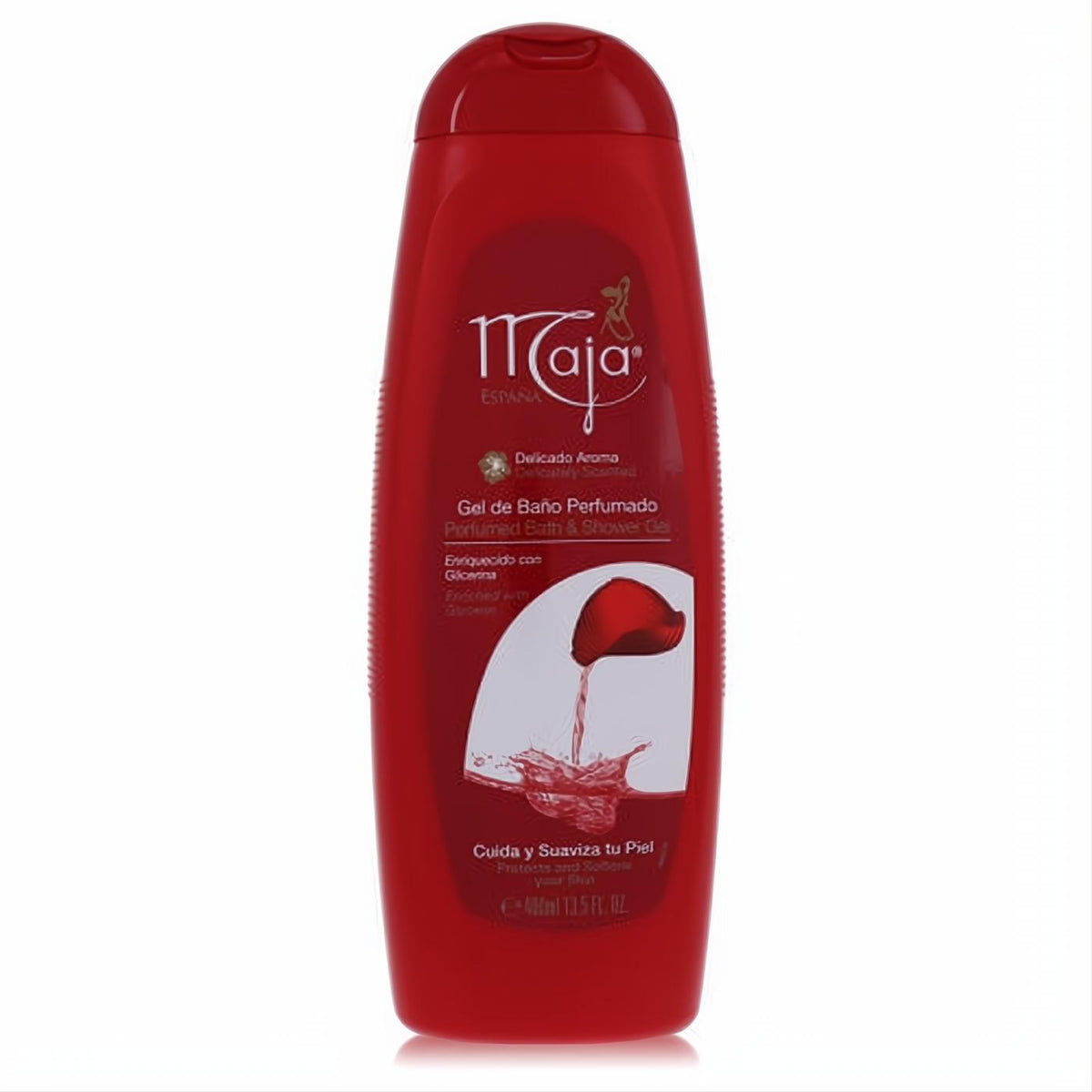 Experience Maja's 13.5 oz perfumed bath & shower gel in a vibrant red bottle with a captivating floral design. Protects and softens skin.