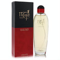 Elegant Maja by Myrurgia 3.4 oz EDT spray. Clear bottle with golden liquid, black & red cap, next to its iconic black & red box.