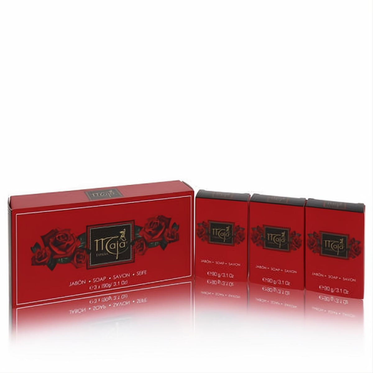Indulge in Maja by Myrurgia 3-pack soap. Elegant red boxes with classic rose artwork, each 3.1 oz, for a refined fragrance experience.