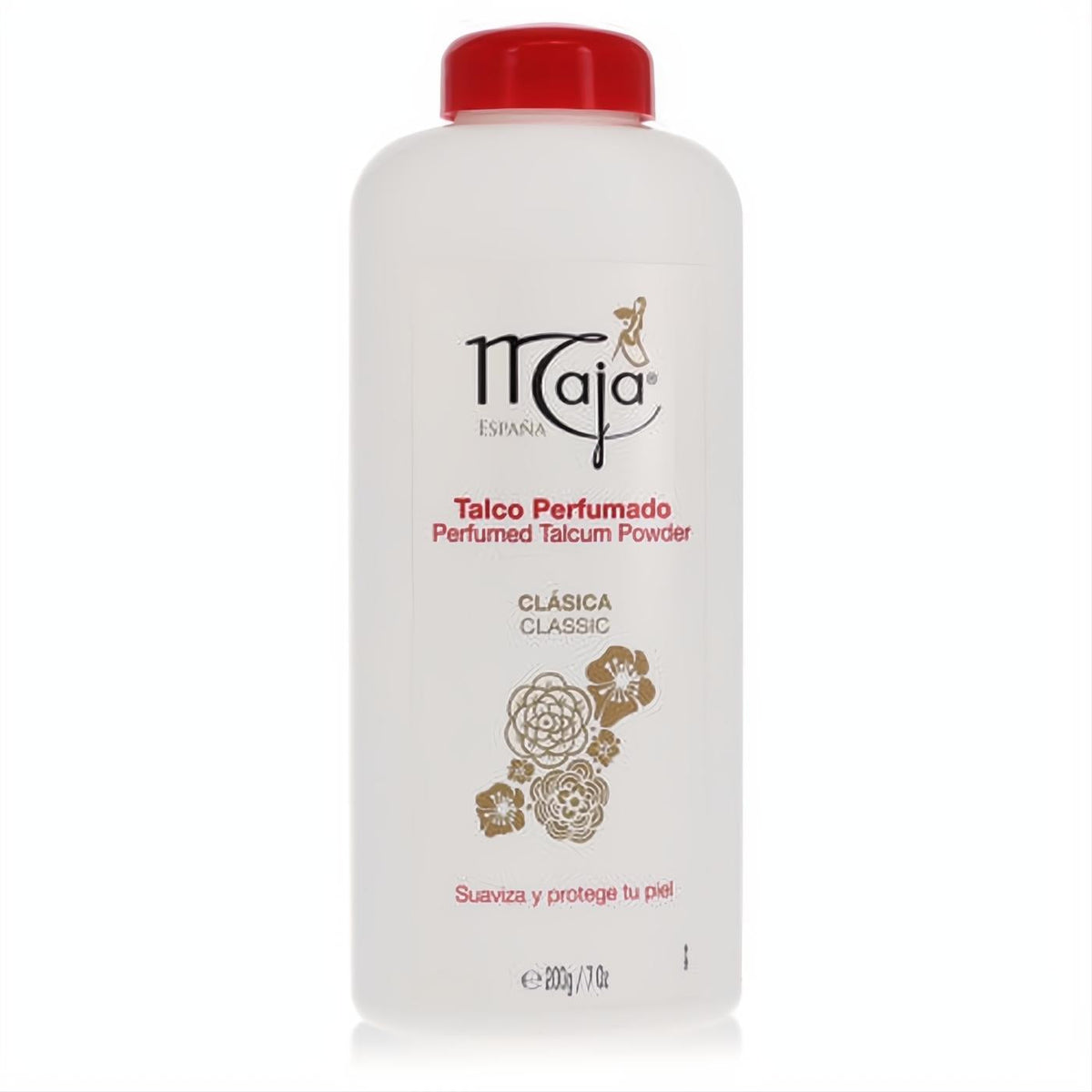 Maja Classic Perfumed Talcum Powder, 7 oz white bottle with vibrant red cap and elegant gold floral art.