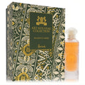 Exquisite Majestic Nard unisex perfume in an ornate clear glass bottle with amber liquid, beside its elegant green Art Nouveau box.