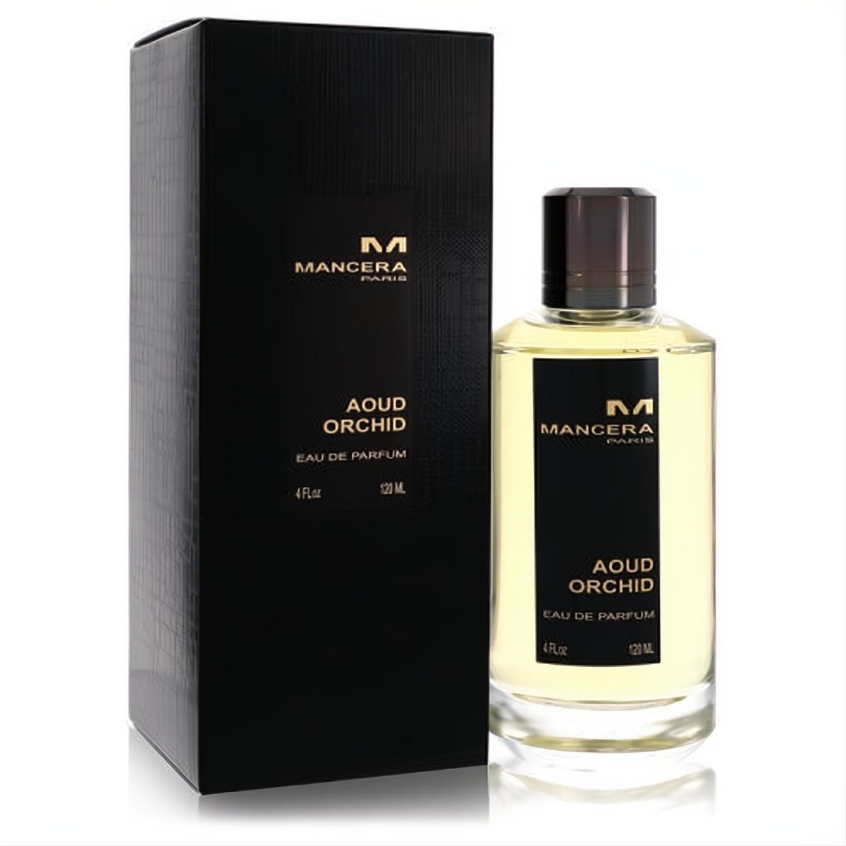 Elevate your scent with Mancera Aoud Orchid 4 oz unisex EDP. Golden liquid in a clear glass bottle, dark cap, and sleek black box.
