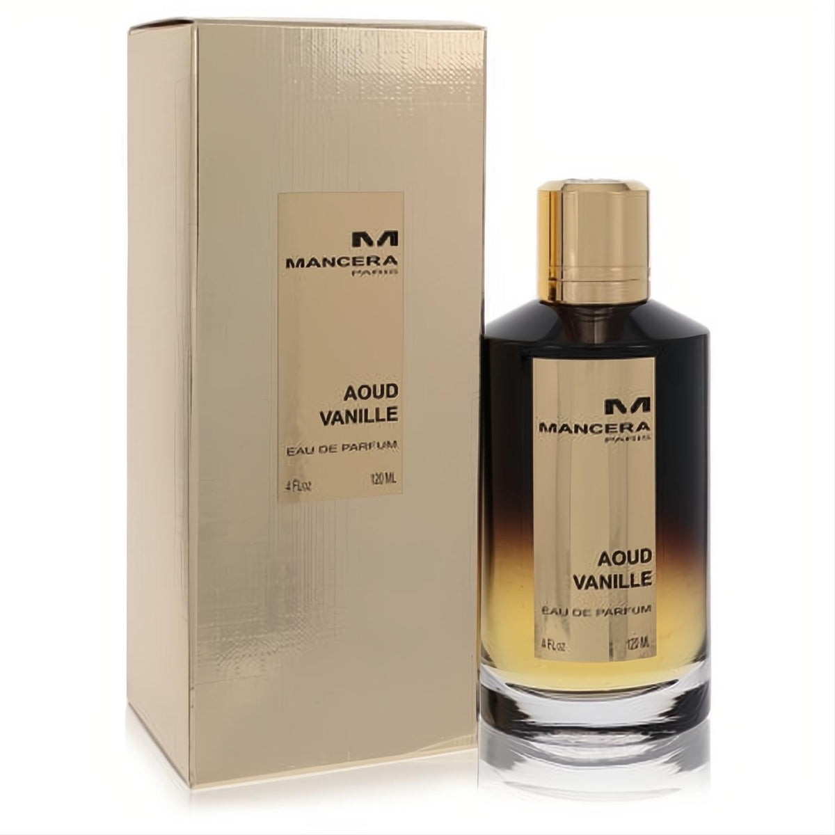Elegant Mancera Aoud Vanille 4 oz EDP spray. Luxurious dark amber to gold gradient bottle with metallic gold cap and matching golden box.