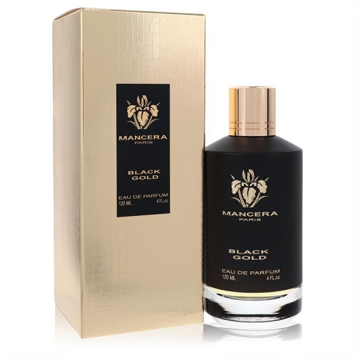 Mancera Black Gold 4 oz men's Eau De Parfum. Elegant black glass bottle with a gleaming gold cap, presented with its matching gold box.