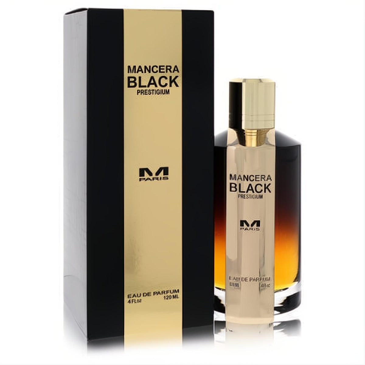 Mancera Black Prestigium 4 oz unisex EDP. Striking black and gold box, elegant glass bottle with warm amber liquid.
