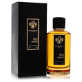 Elegant Mancera Gold Aoud 4 oz unisex EDP spray. Features a sleek gold bottle with black label and cap, alongside its matching black box.**
