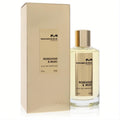 Mancera Roseaoud & Musc 4 oz EDP spray. Clear bottle with amber liquid, golden cap, and elegant gold box. Captivating unisex scent.