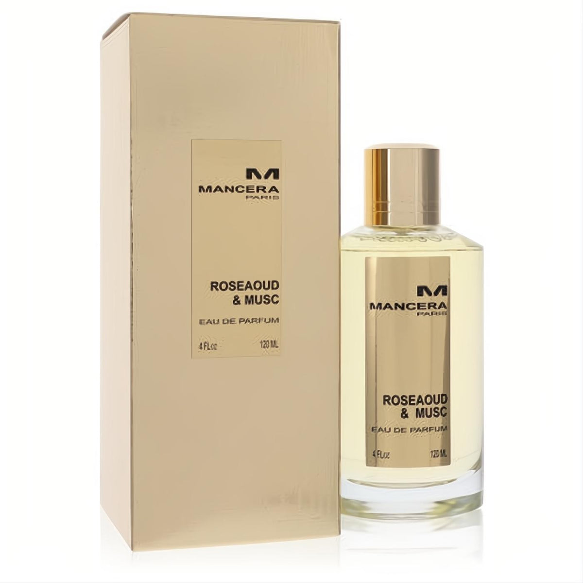 Mancera Roseaoud & Musc 4 oz EDP spray. Clear bottle with amber liquid, golden cap, and elegant gold box. Captivating unisex scent.