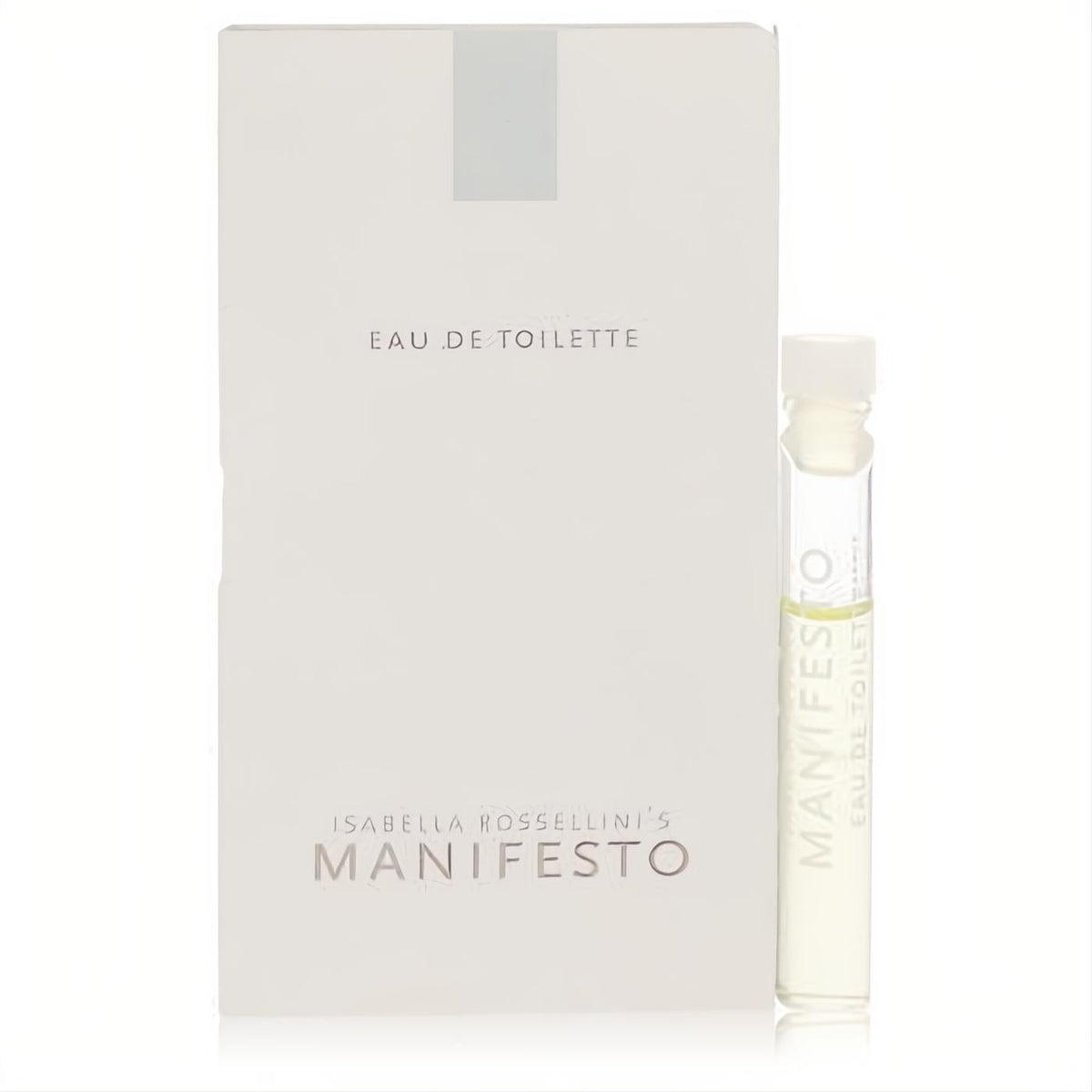 Manifesto by Isabella Rossellini .04 oz Eau de Toilette sample vial, clear glass with white cap, next to its sleek white box.