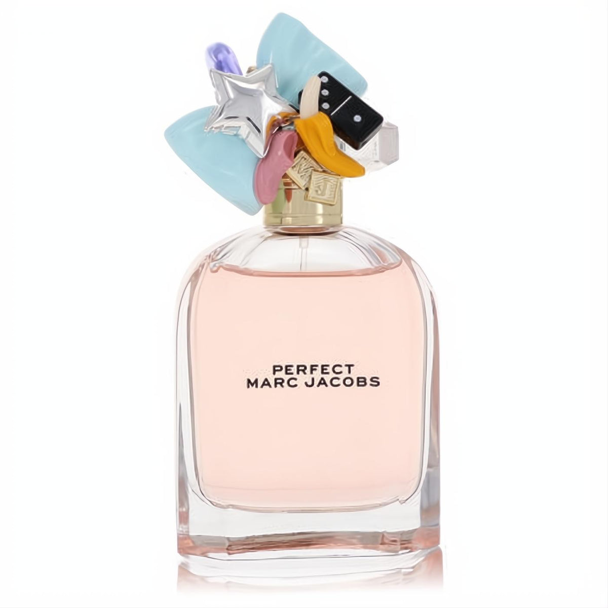 Marc Jacobs Perfect Eau De Parfum: elegant glass bottle, delicate pink liquid, and a vibrant, playful cap adorned with unique charms.