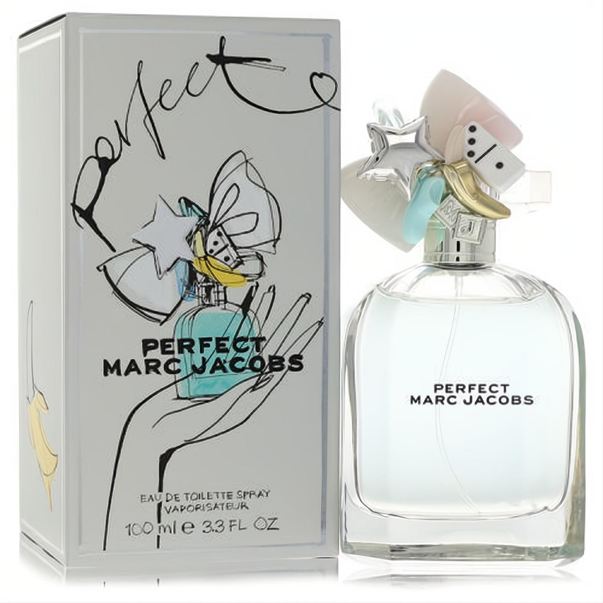 Marc Jacobs Perfect 3.3 oz EDT in a clear bottle with a playful silver cap featuring stars, domino, and ribbons, beside its chic silver box.