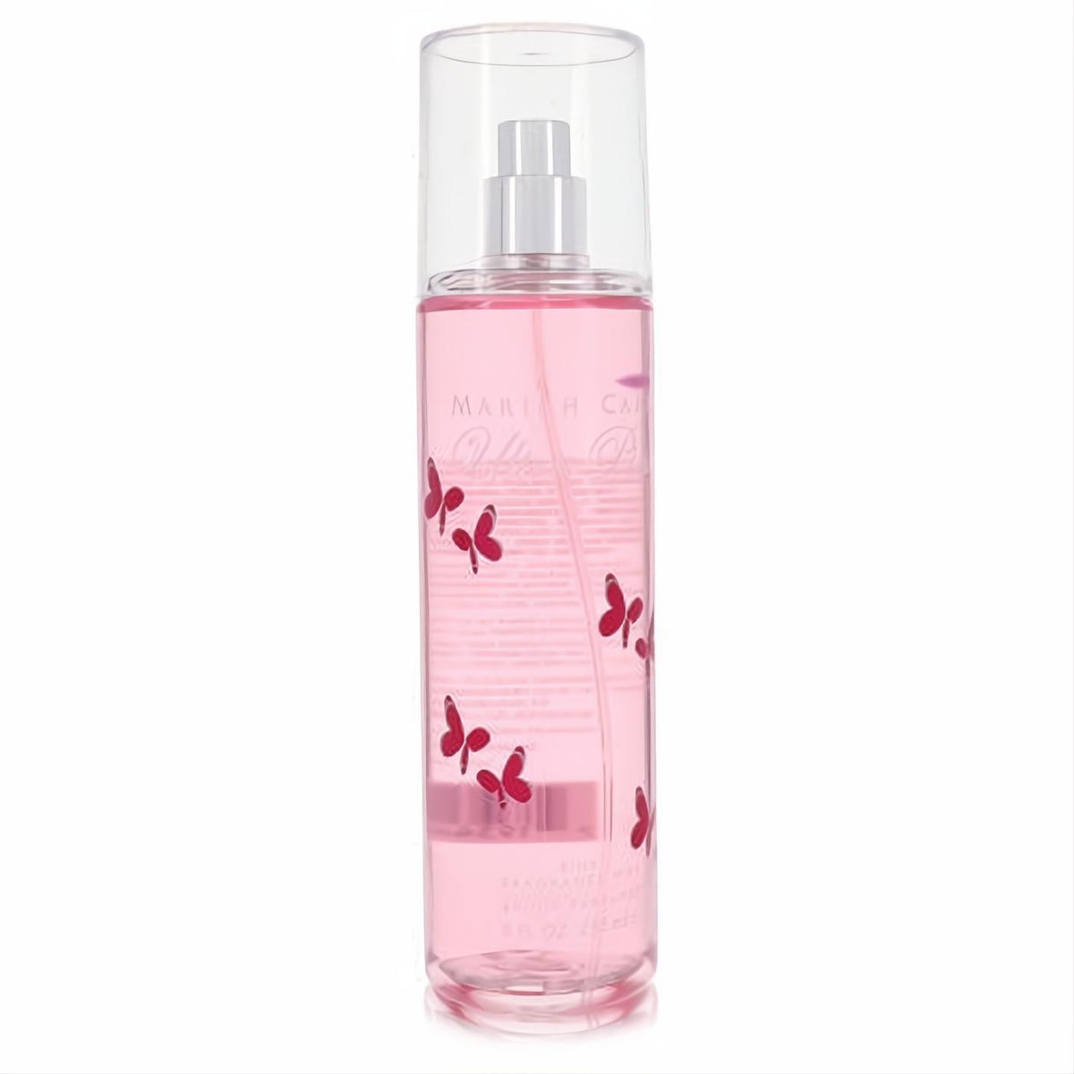 Unleash your inner diva with Mariah Carey Ultra Pink 8 oz fragrance mist. Clear bottle, vibrant pink liquid, and playful red butterflies.
