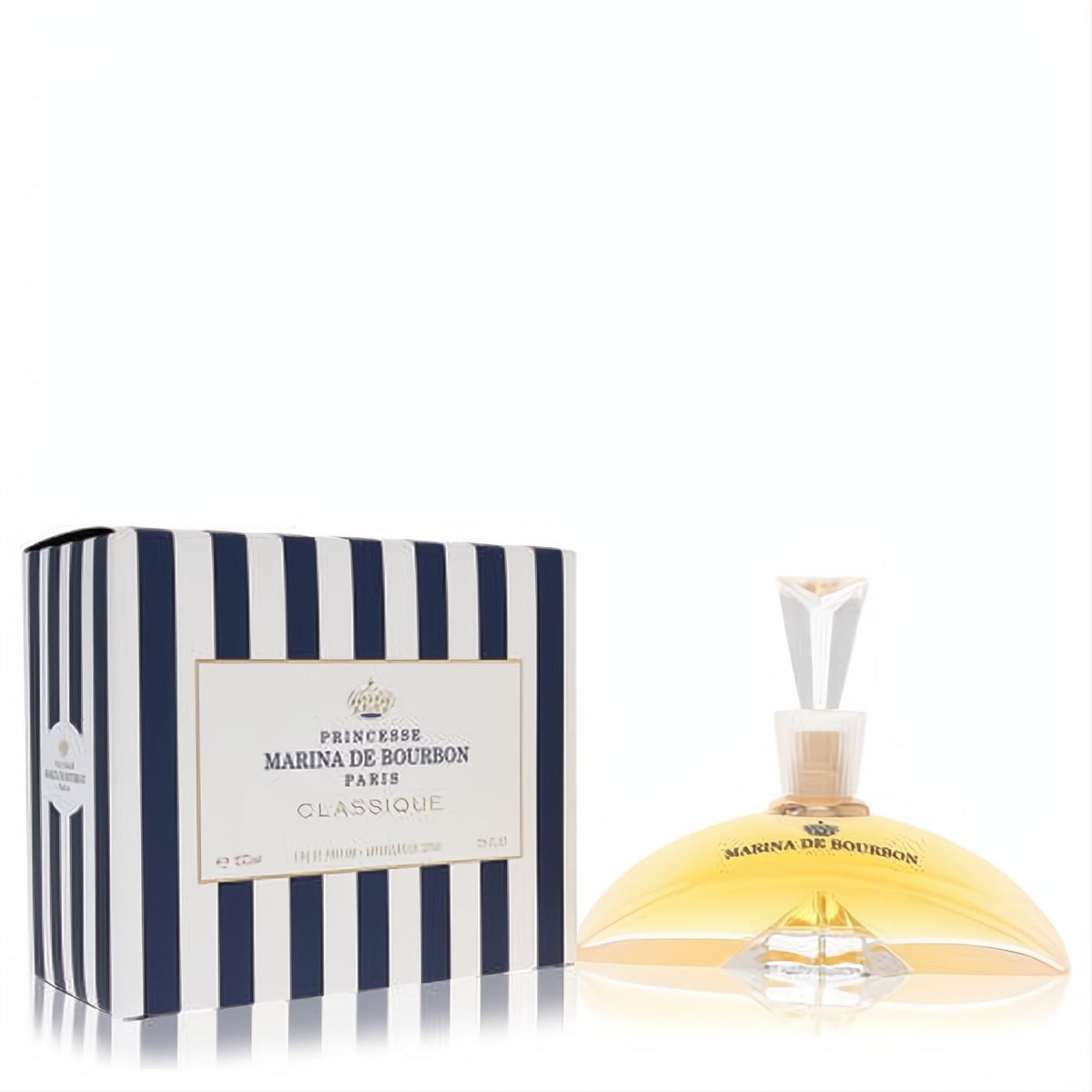 Elegant Marina De Bourbon 3.3 oz EDP spray in a unique fan-shaped bottle with a faceted cap and chic striped box.