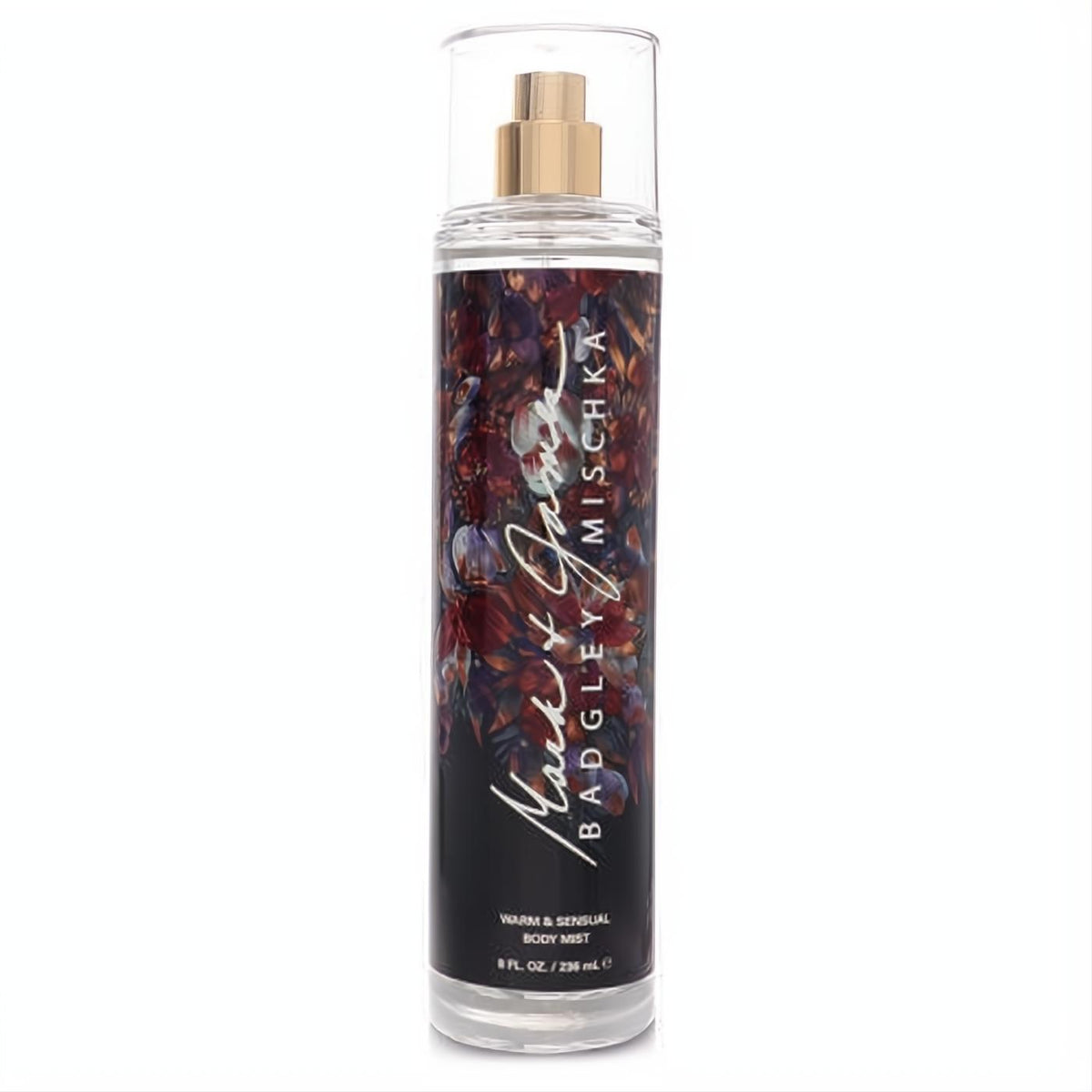 Mark & James Warm & Sensual 8 oz body mist. Clear bottle with luxurious dark floral label and elegant gold sprayer.
