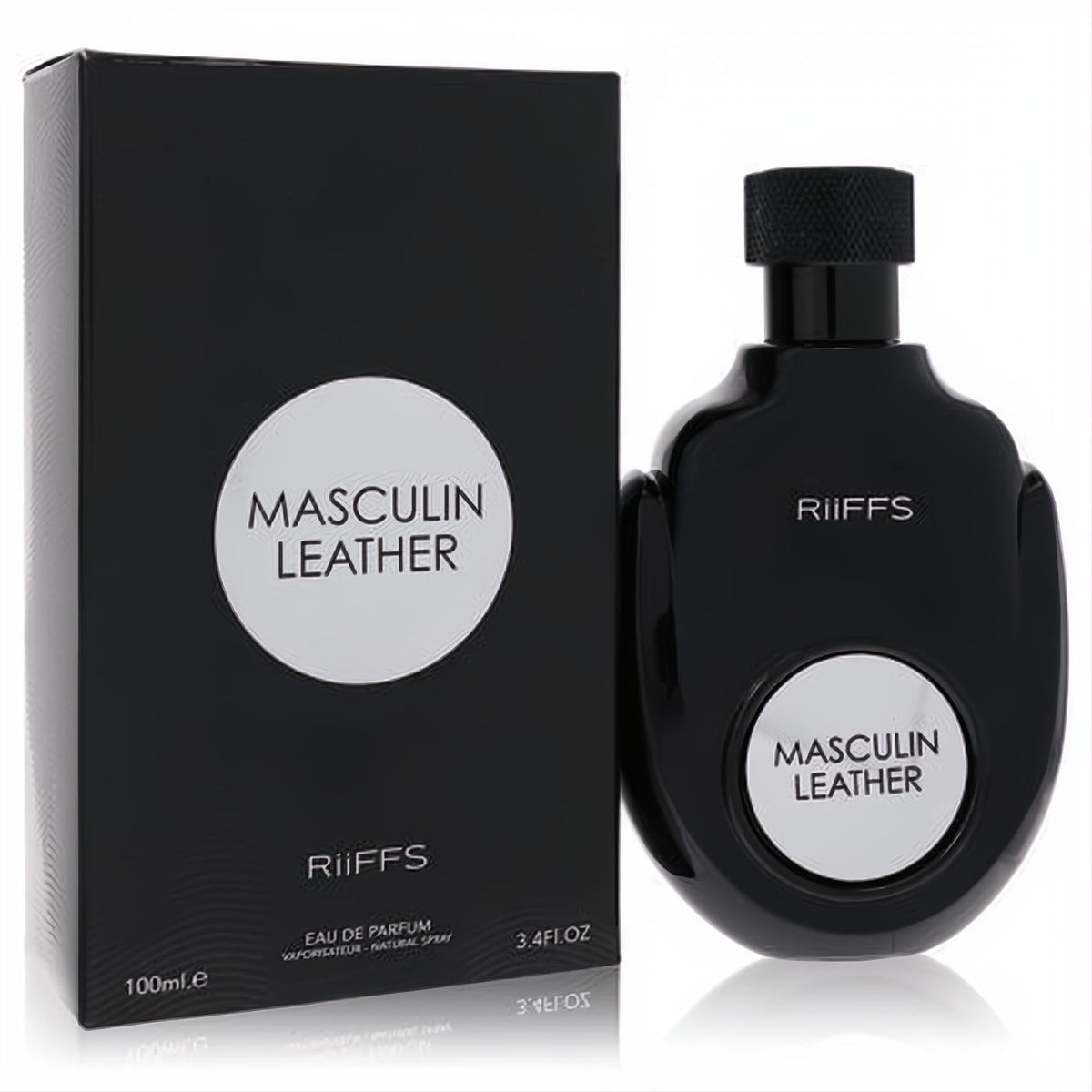 Sophisticated black Riiffs Masculin Leather 3.4 oz EDP spray bottle and matching box. Elevate your presence with this bold men's fragrance.