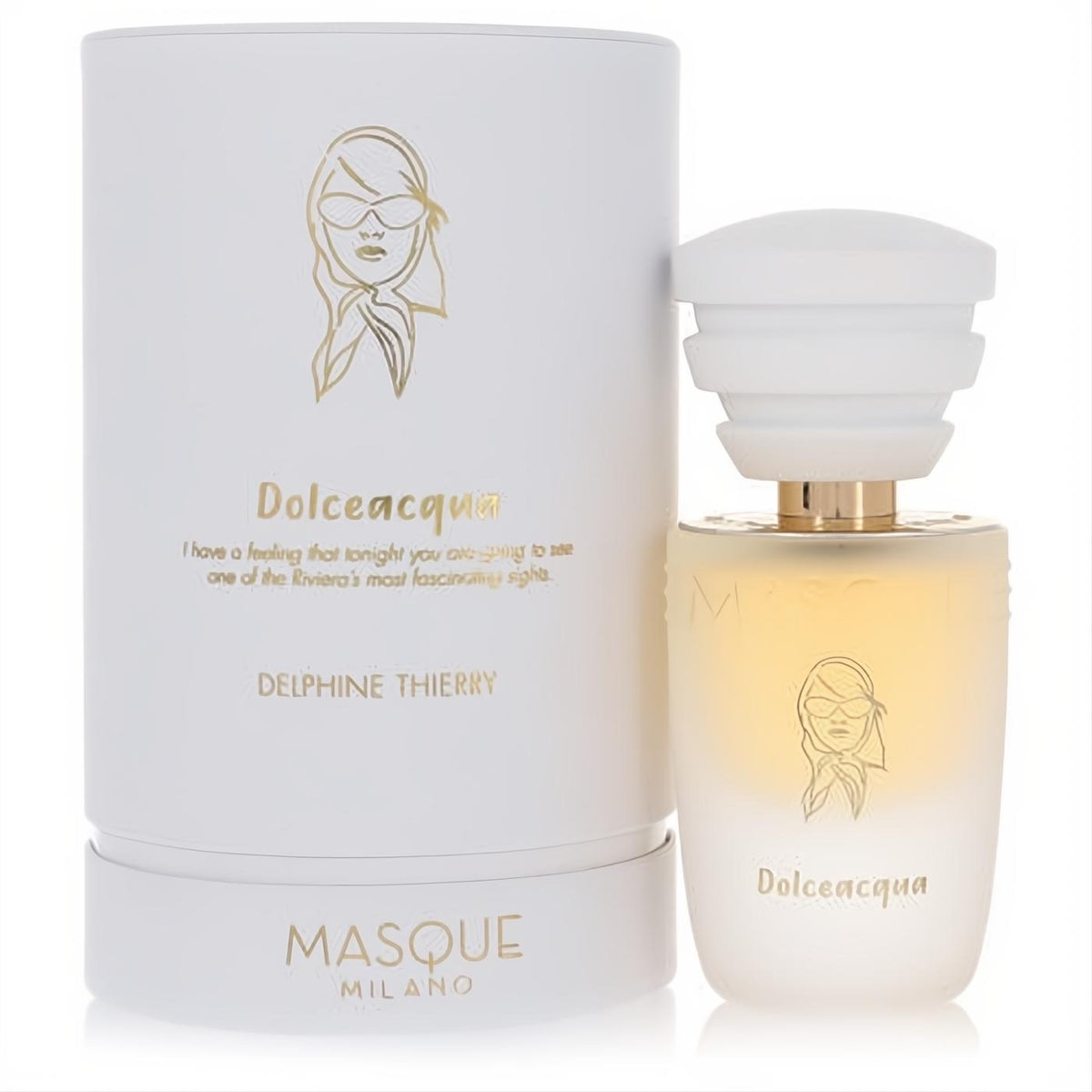 Chic Masque Milano Dolceacqua 1.18 oz EDP spray. Frosted bottle & white box with elegant gold woman's silhouette design.