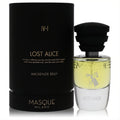 Experience Lost Alice 1.18 oz EDP. Elegant black cylindrical box, clear and frosted glass bottle with golden fragrance and distinctive black sculpted cap.