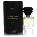 Masque Milano Ray-Flection 1.18 oz Men's Eau De Parfum. Elegant clear glass bottle, black ribbed cap, luxurious black & gold packaging.