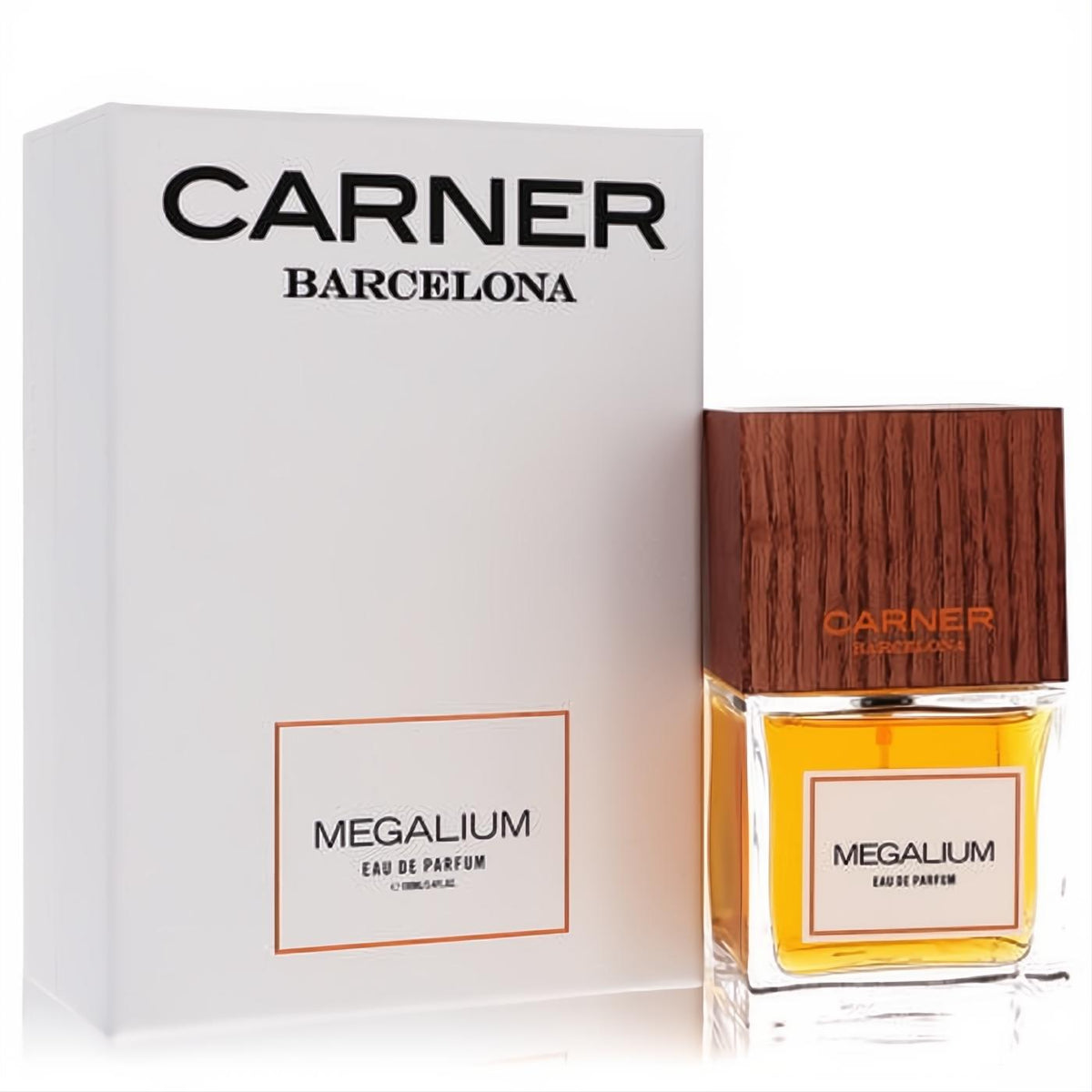 Carner Barcelona Megalium 3.4 oz unisex EDP spray. Clear bottle with golden liquid, dark wood cap, and elegant white box.