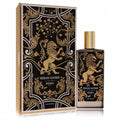Experience Memo Iberian Leather 2.5 oz unisex EDP: sleek dark bottle, gold cap, and opulent black & gold lion box.