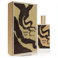 Memo Sherwood unisex eau de parfum. Striking gold bottle and box with a captivating dark wood grain design.