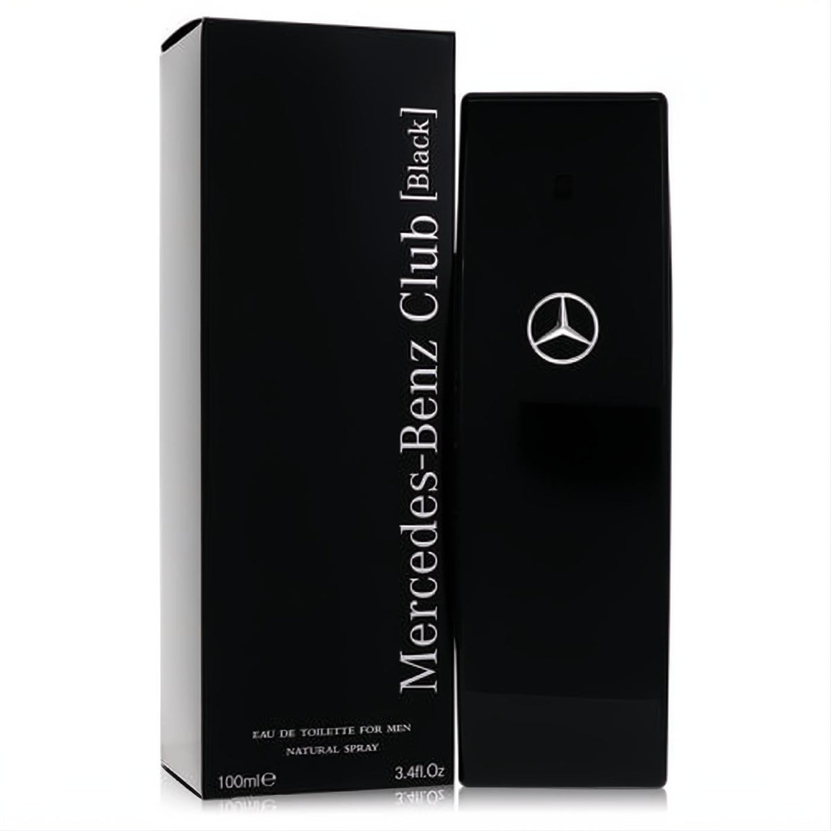 Sleek black Mercedes-Benz Club Black 3.4 oz Eau De Toilette bottle with silver logo and elegant matching box.