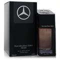 Mercedes-Benz Select Night 3.4 oz men's Eau De Parfum. Dark, rectangular bottle with black cap, silver star logo, and sleek black box.