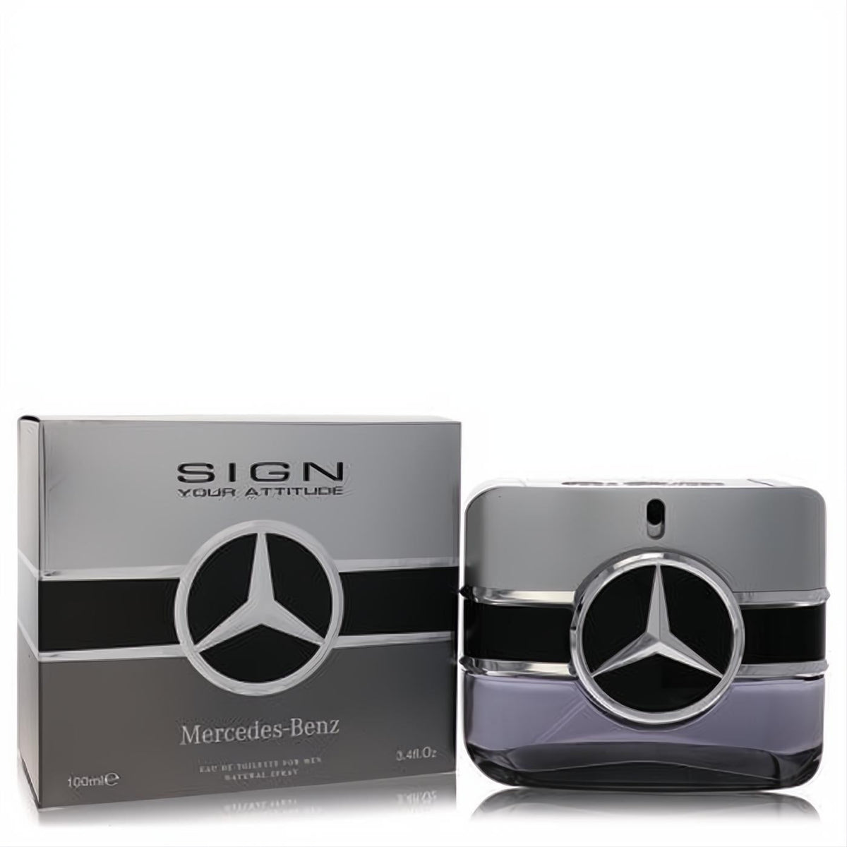 Elegant Mercedes-Benz Sign Your Attitude 3.4 oz EDT spray. Sleek silver bottle with bold star logo and lavender liquid.