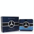 Mercedes-Benz Sign Eau De Parfum for men. Elegant 3.4 oz blue glass spray bottle with iconic silver star logo and coordinating dark blue box.